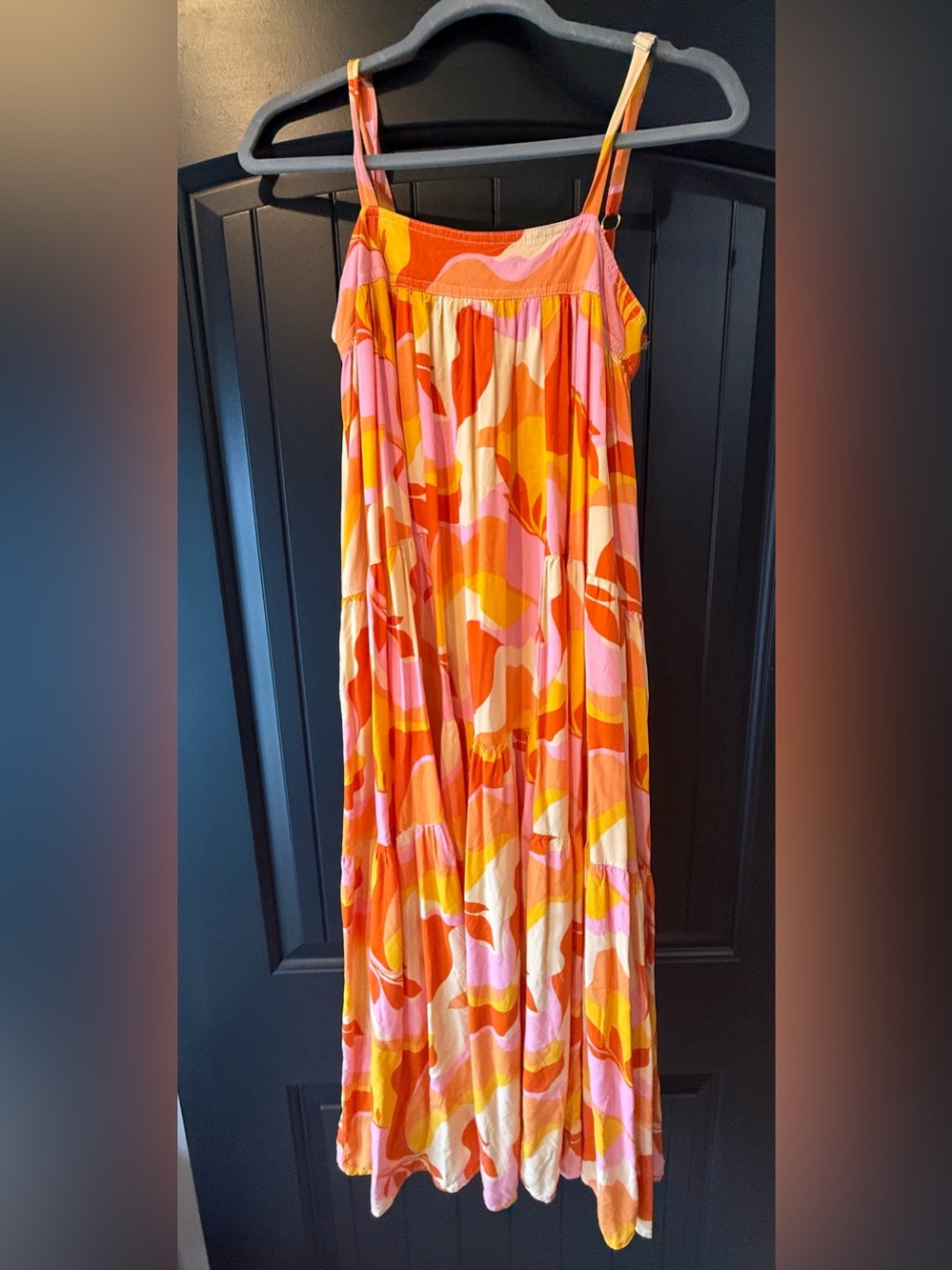 Abel the Label Midi Dress Small Orange Pink Floral Tiered Sundress Adjustable